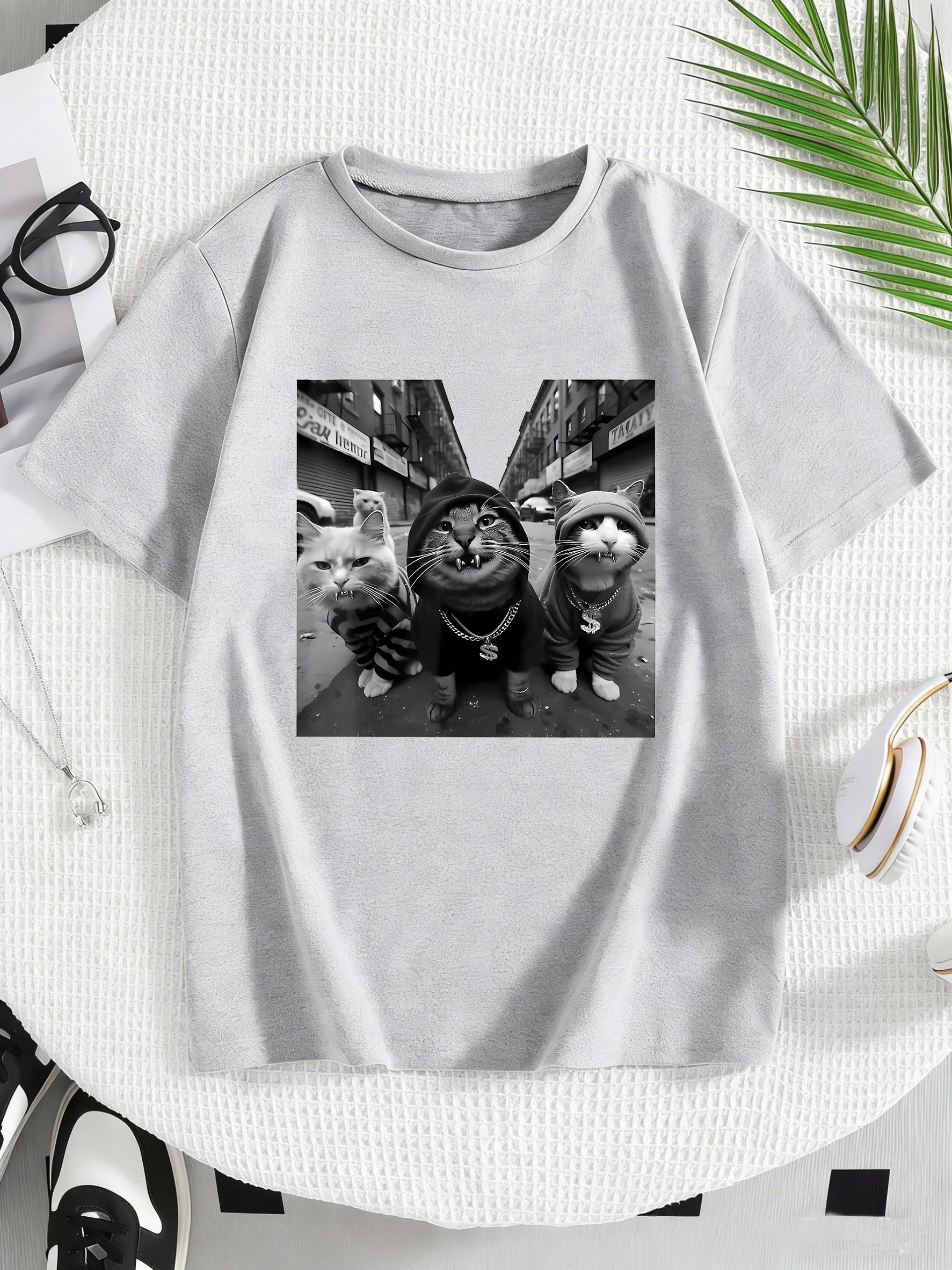 Streetwear Hip Hop Cat Cartoon Design Print T Shirts Kids Children's T-shirt Casual Boys Girls Summer Spring Casual Top Tee