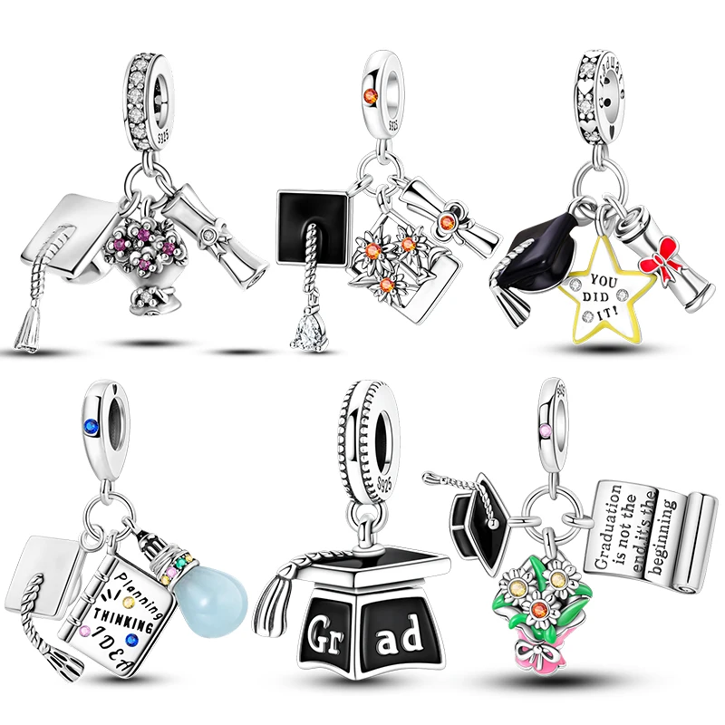 Graduation Season Flowers Degree Certificate Doctoral Cap Pendant Charm Beads Fits 3mm Bracelets Necklace Women Luxury Jewelry