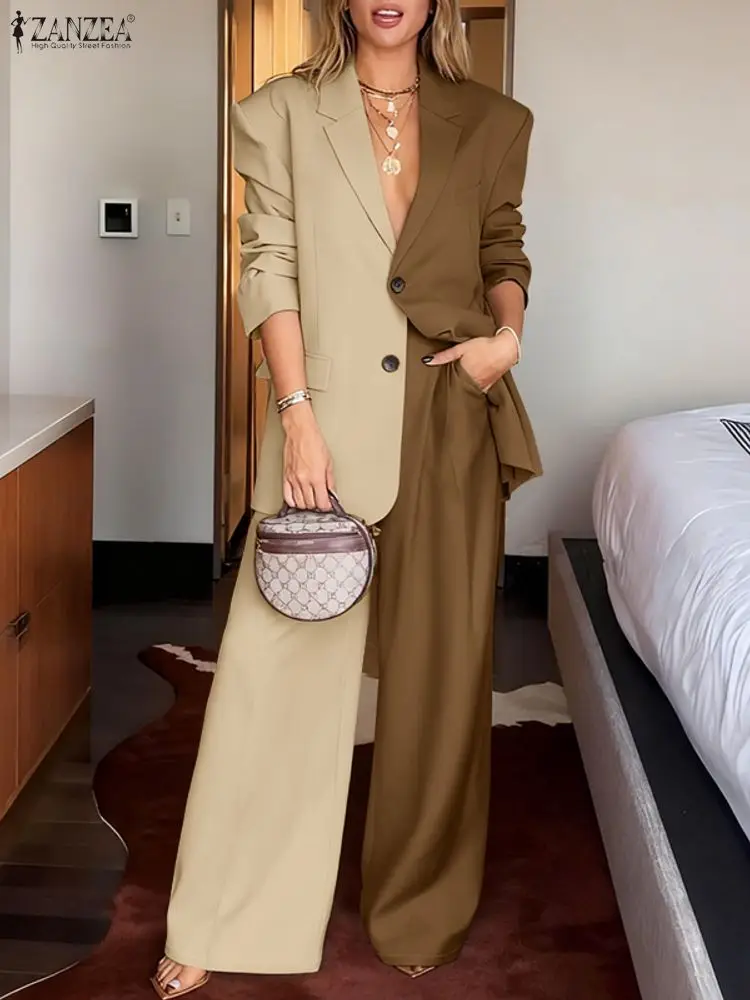 

2025 ZANZEA Office Women 2 Piece Sets Autumn Outfit Fashion Lapel Long Sleeve Blazer Suits Pant Sets Patchwork OL Work Tracksuit