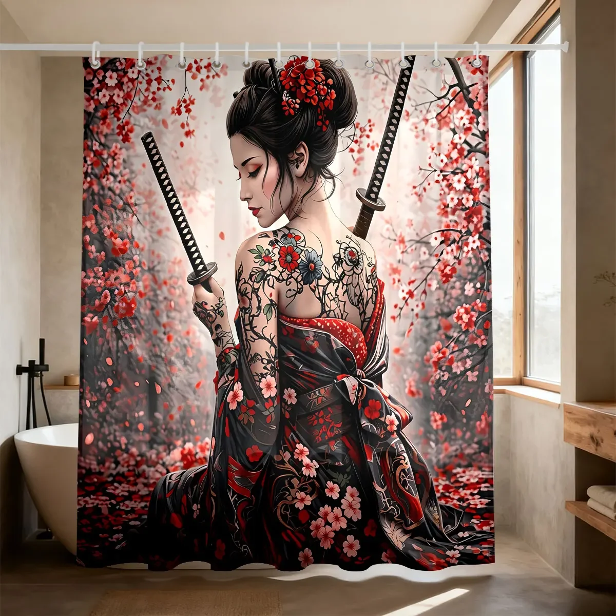 1pc Japanese Style Samurai Printed Shower Curtain Multiple Sizes Of Partitions, Privacy Hanging Curtain Home Bathroom Decoration