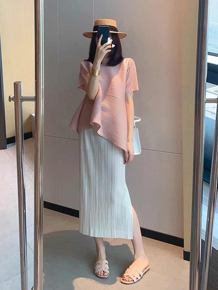 Girl's Summer Dress High Waist Slimming Bag Hip Skirt 2024 New Fold Set One Step Skirt Paired With Top Hundred Fold Half Skirt