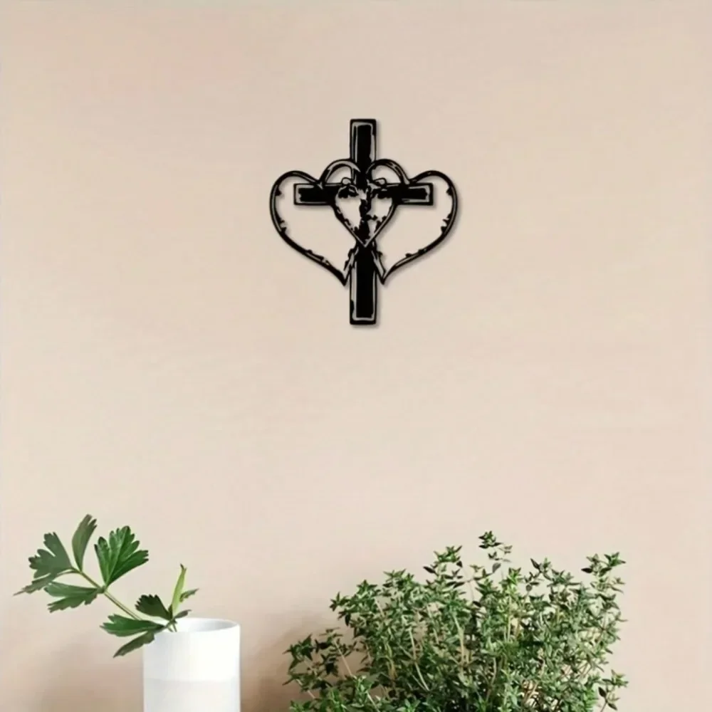 Black Cross With Heart Center Metal Wall Decor, Christian Iron Silhouette Wall Art,Weather‑Proof Indoor‑Outdoor Hanging Ornament