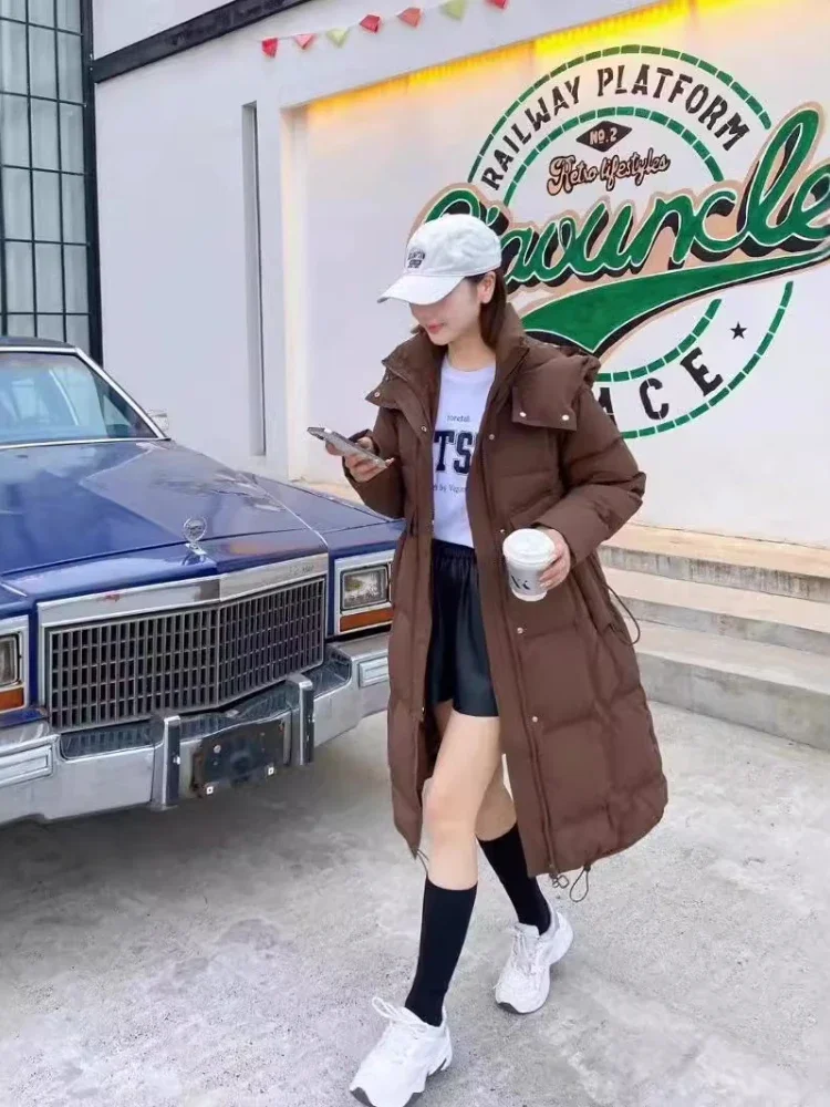 Piumino da donna di media lunghezza con cappuccio, piumino d'anatra bianco, piumino caldo spesso, cappotto allentato con coulisse, inverno, nuovo, 2024