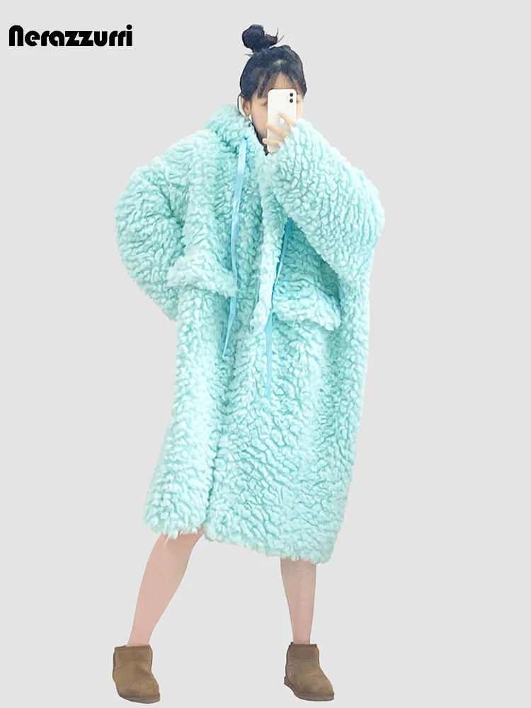 Nerazzurri Winter Long Oversized Thick Warm Cute Sweet Lovely Bright Blue Fuzzy Fluffy Faux Fur Coat Women Sashes Furry Overcoat