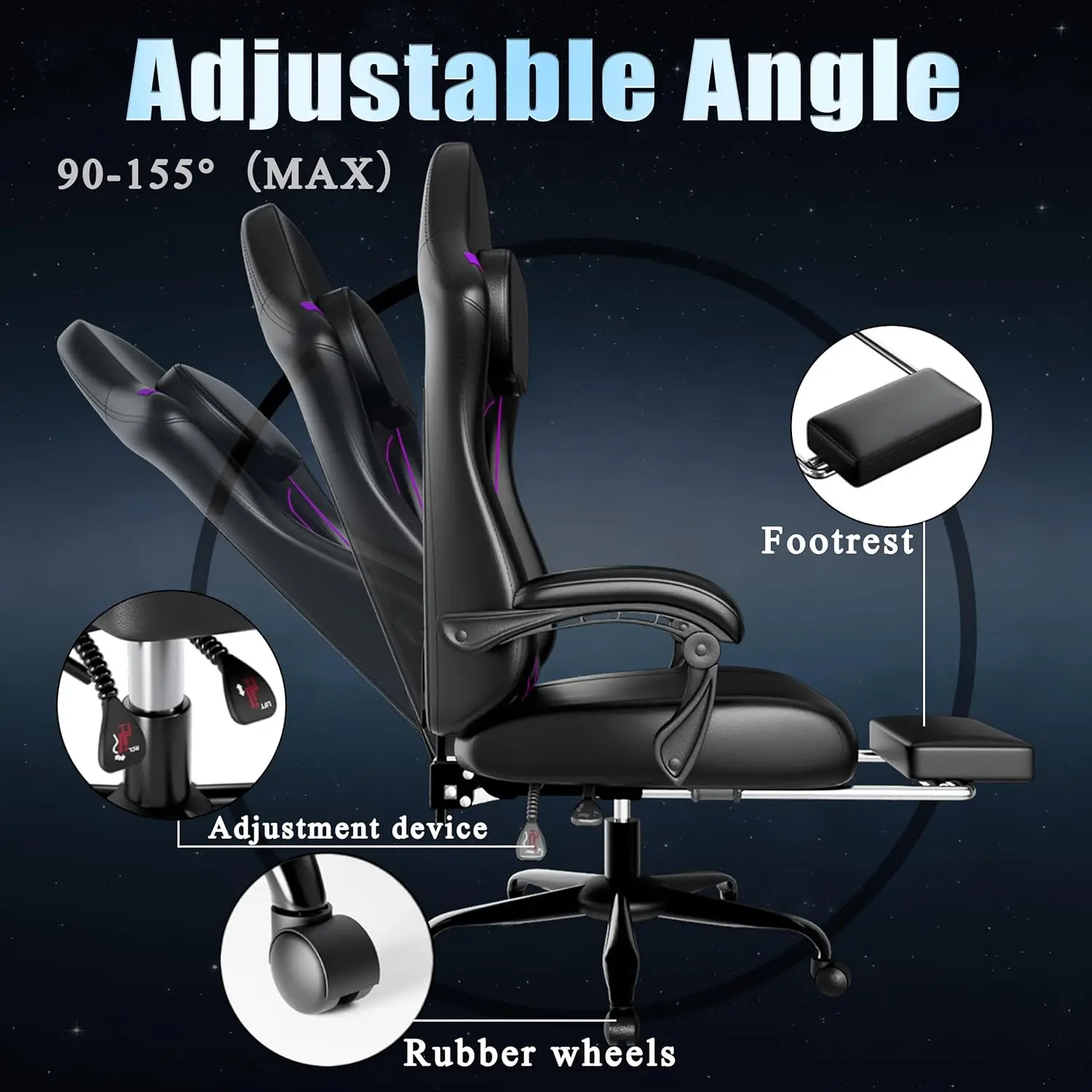 Ergonomic Gaming Chair with Pocket Spring Cushion and Footrest, Height Adjustable Swivel Computer Chair for Home Office, Purple view 5