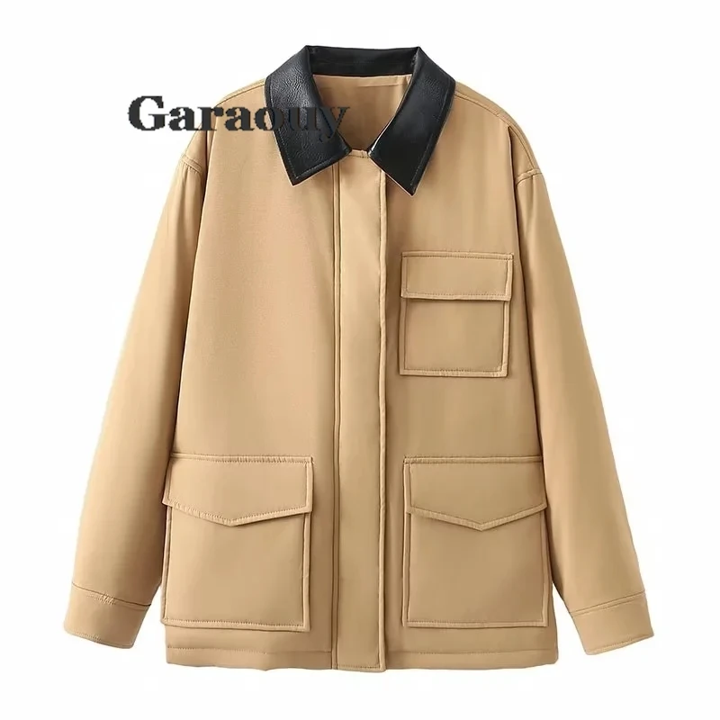 2024 Women\'s Fashion Contrast Color padded Jacket Fax Leather Effect Lapel Long Sleeve Pocket Zip Versatile Female Coat