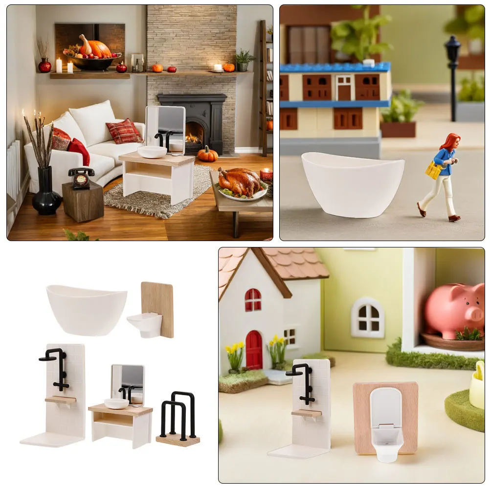 5 stks Miniatuur Poppenhuis Badkamer Set 1:12 Schaal Mini Badkamermeubels Fantasiespel Bad Wc Wastafel Douche Decor