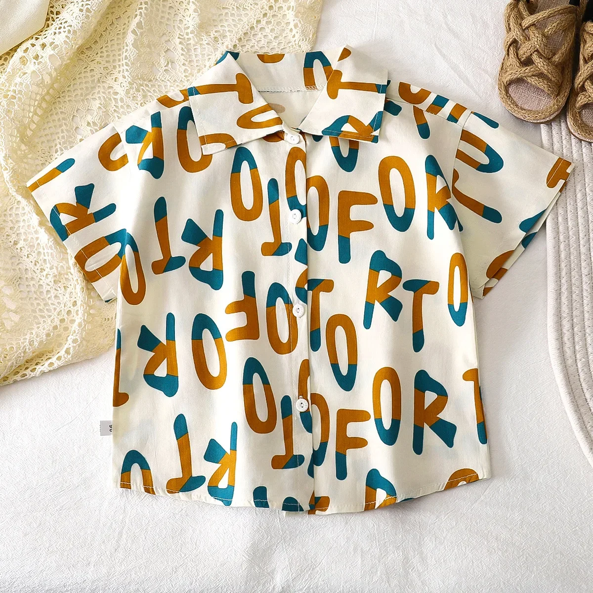 New 2025 Boys Summer Thin Beach Shirts Children's Cartoon Striped Letter Print Short Sleeve Lapel Shirt Top Kids Casual Clothing