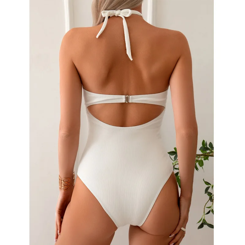 2025 Summer Sexy Solid Color One-Piece Swimsuit for Women Halter Tie-Back Design Slimming & Chest-Gathering Bathing Suit Clothes