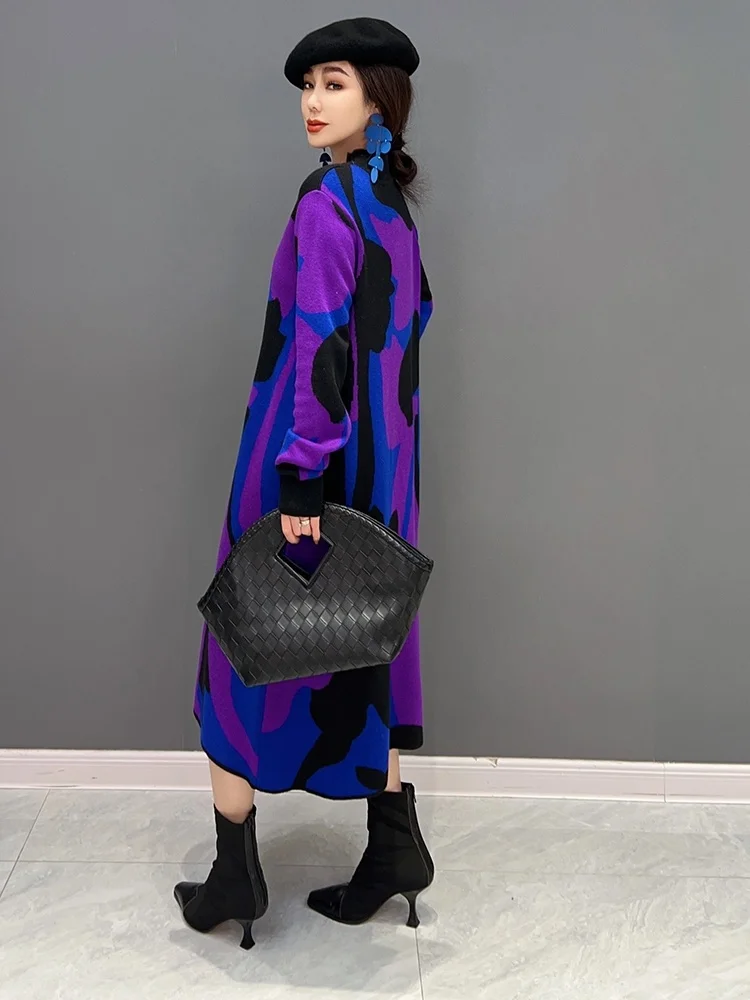 Purple 2024 Spring Autumn Round Neck Pullover Knitting Dress Loose Mid-length Blocking Sweater Dress Women Purple Dress LHX3540