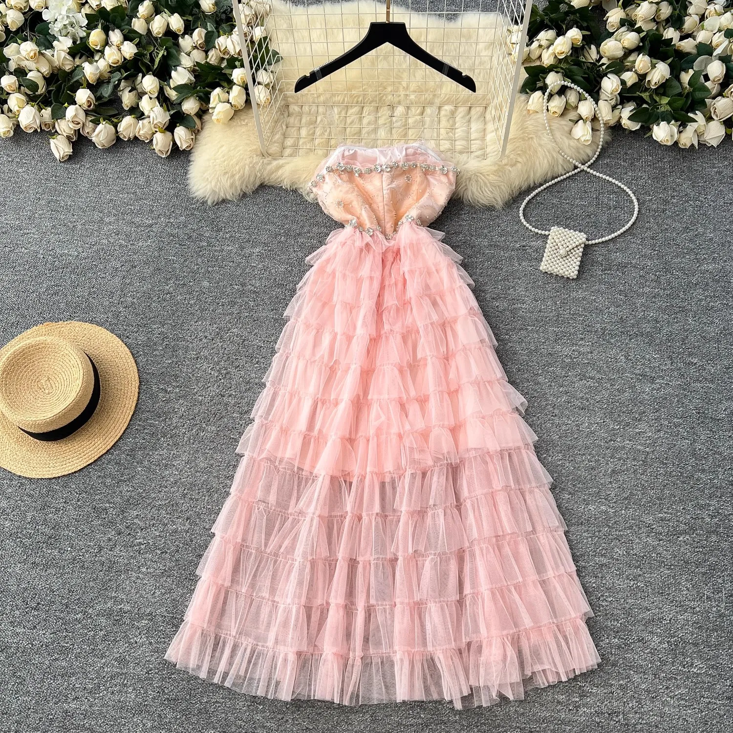 Kralen Mesh Jurk Vrouwen Slash Hals Mouwloze Elegante Kleding Dame Streetwear Avondfeest Vestidos Bodycon