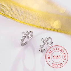 Korean Simple 925 Sterling Silver Zircon Cross Hoop Earrings for Women S925 Wedding Party Jewelry Gift Aretes De Mujer