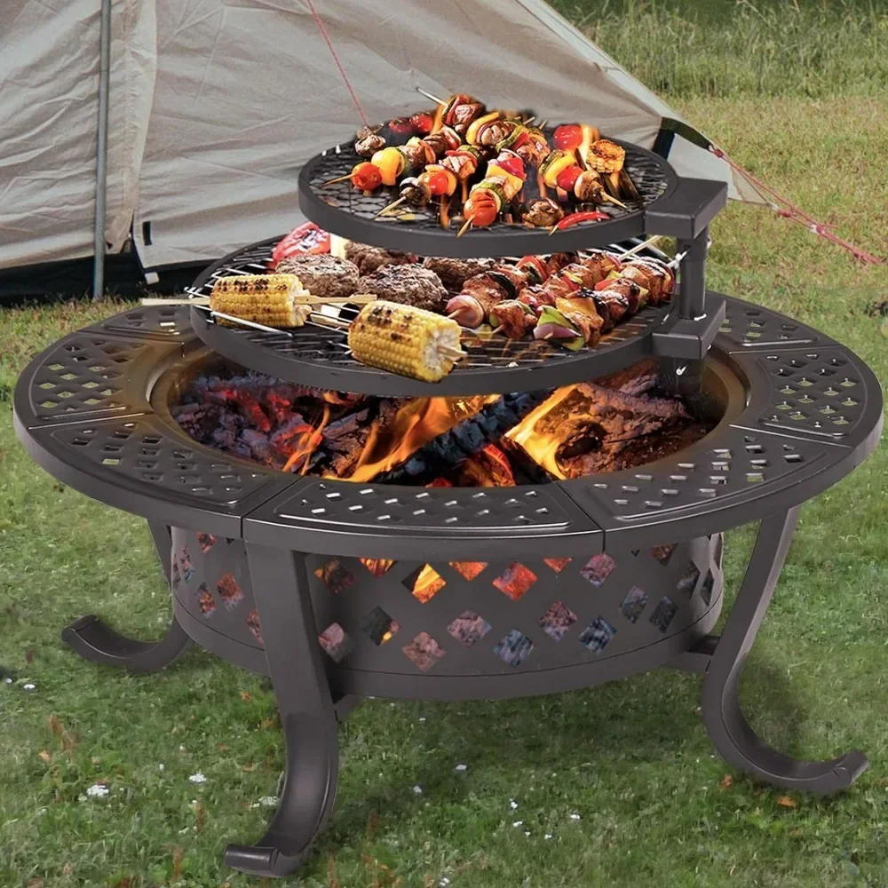 

Fire Pit,36" Outdoor Wood Burning Fire Pit with 2 Grills,BBQ Large Fire Table for Camping,Heating,Picnics，Fire Pit