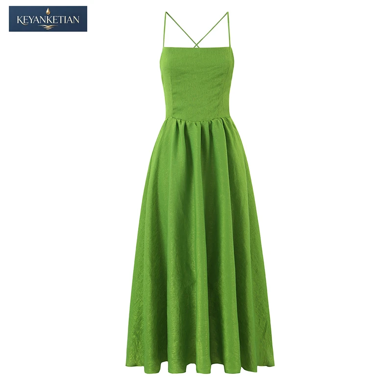 KEYANKETIAN 2026 Romantic Beach Open Back Slip Dress Slim Fit Square Neck, Adjustable Back Lace-up Ruched Waist Midi Dress