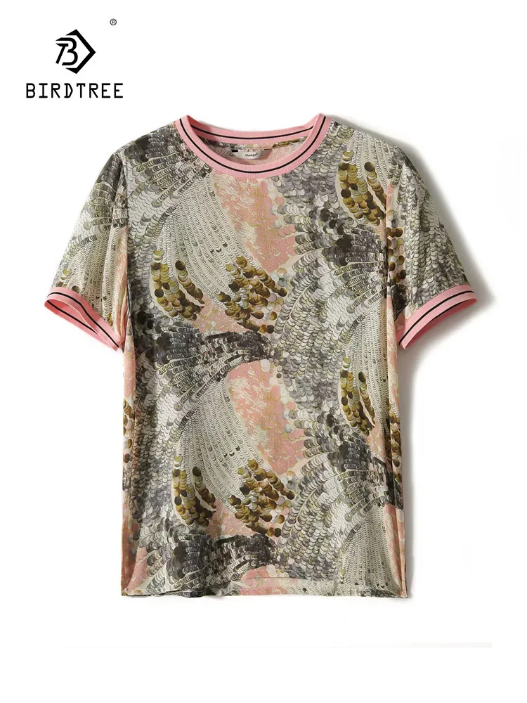 

BirdTree, 100%Mulberry Silk Elegant T-Shirt, Women O Neck Short Sleeve Printed, Versatile Commute Tops, 2024 Summer T44100QC