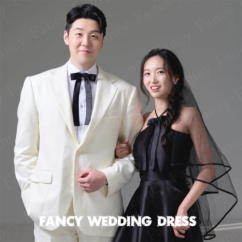 

Fancy Special Halter Black Korea Wedding Dress Bow Sleeveless A Line Bridal Gown Floor Length 웨딩드레스 customized