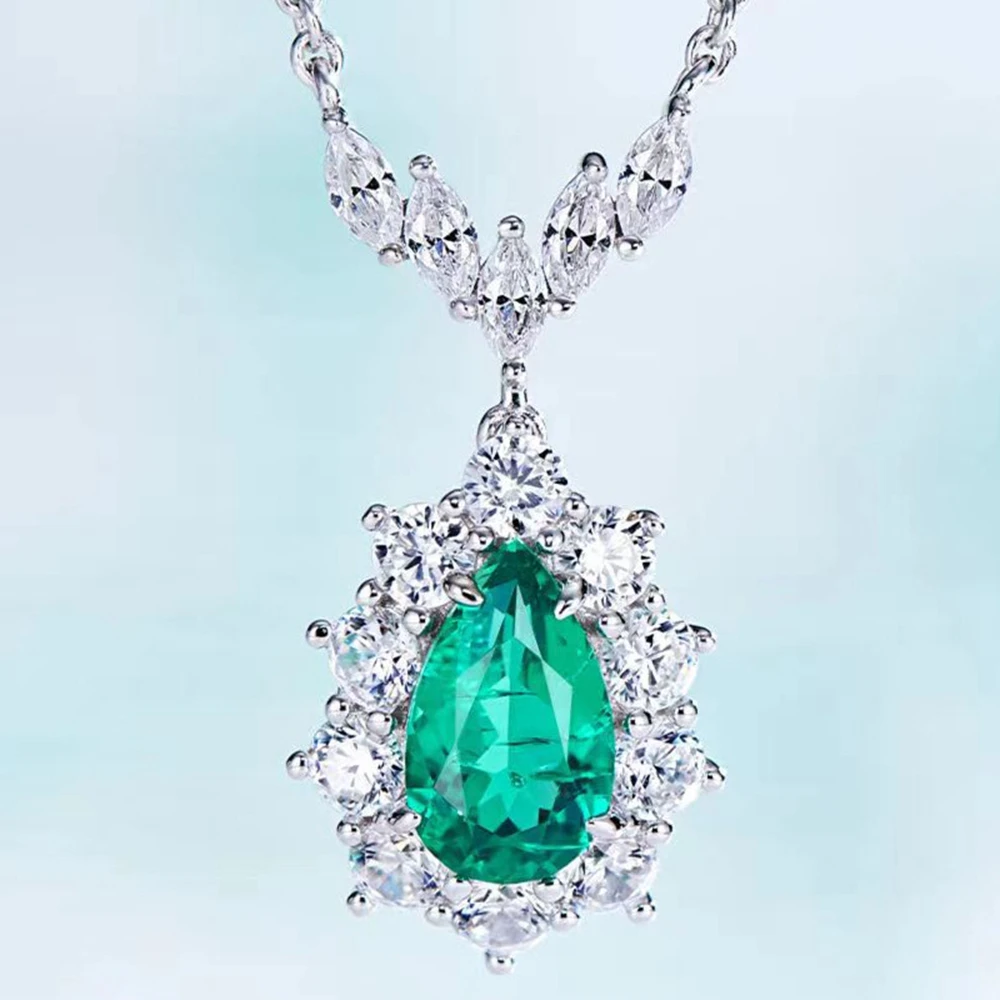 WUIHA Vintage 925 Sterling Silver Sparkling Pear Cut 6*10 MM Emerald High Carbon Diamond Gemstone Pendant Necklaces Fine Jewelry