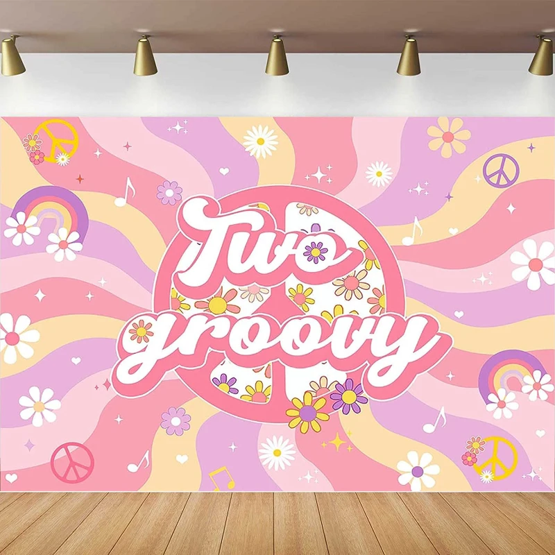 

Photography Backdrop Retro Hippie Two Groovy 2nd Birthday Party Photo Background Boho Rainbow Girls' Birthday Party Decoration