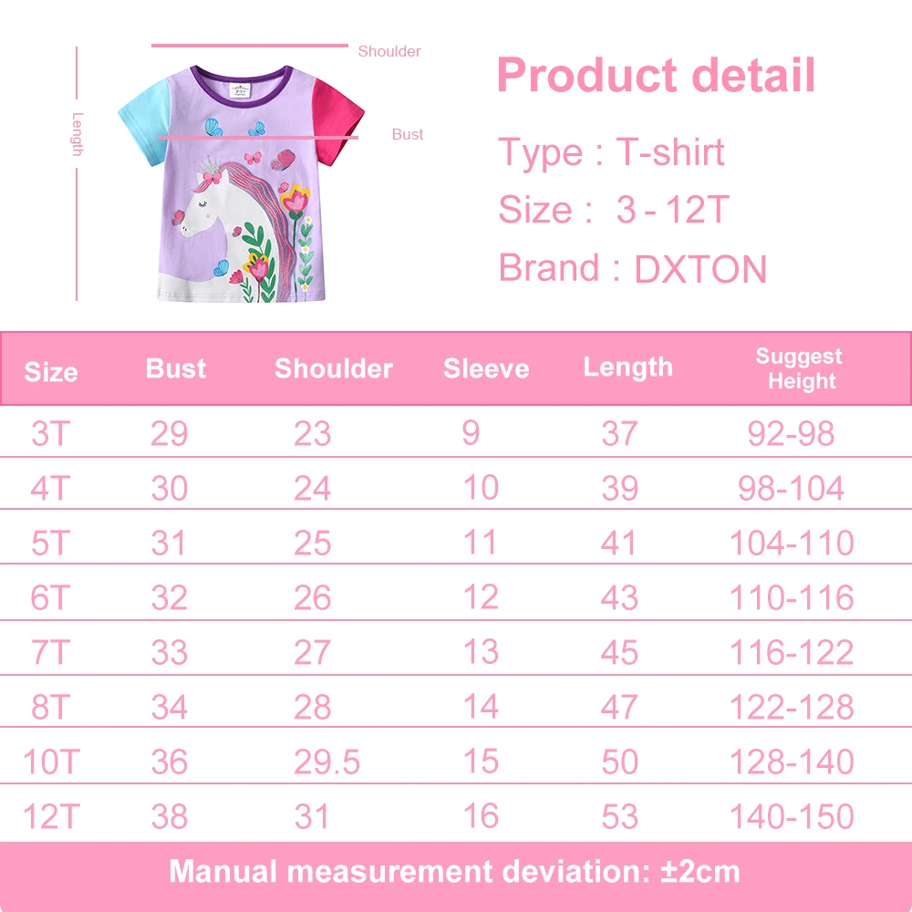 DXTON Toddler Girls Tees Summer Kids T-shirts Color matching Short Sleeve  Cotton Girls Tops Unicorn Floral Girls Casual Costume