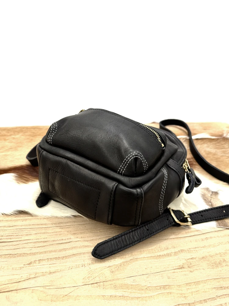 Simple vintage high quality thickened cow leather women's small backpack outdoor travel handmade genuine leather black bookbag