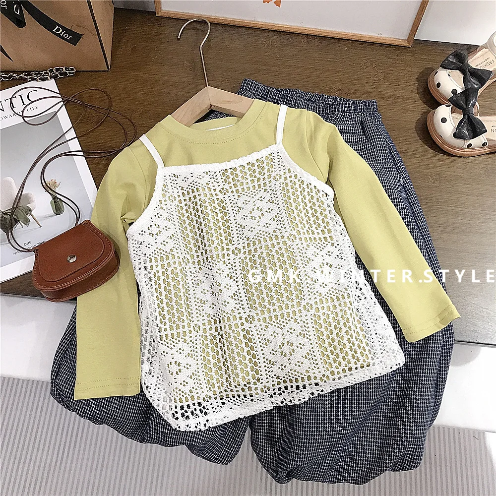 Korean Version of Girls' Hollow Camisole Vest, Layered Fashionable Top, Autumn Style Children's Baby Wide Leg Lantern Pants