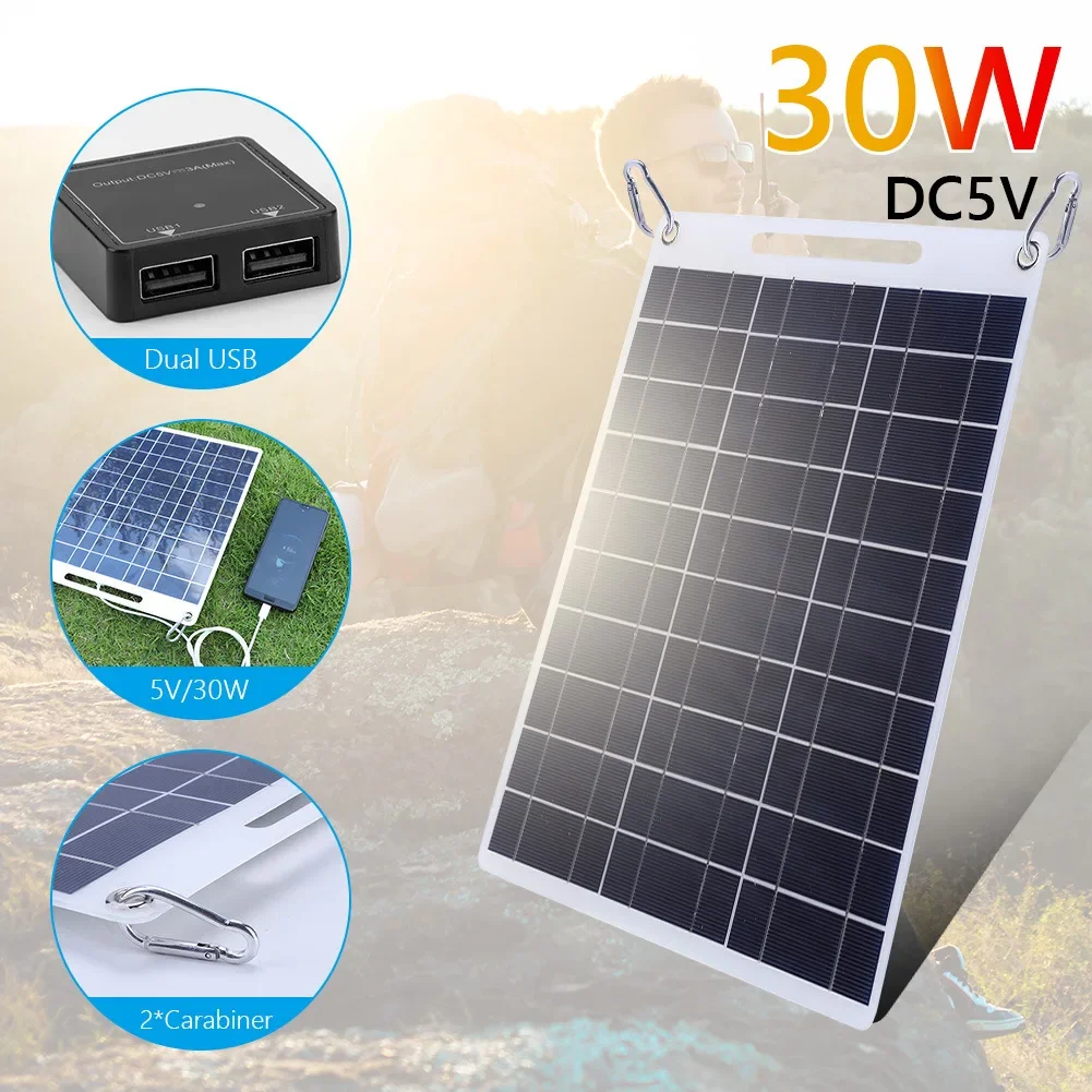 Portable 30W 5V Waterproof Solar Panel Solar Plate, Dual USB Solar Battery Charger for Outdoor Camping Solar Cells Charging