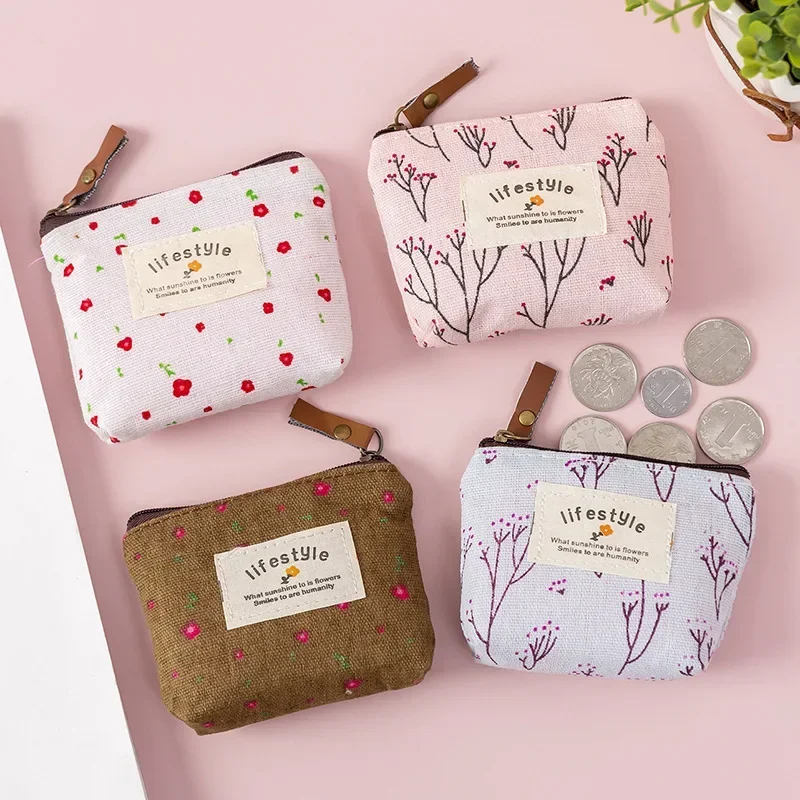 Moda flor pássaro moeda fone de ouvido moeda chave saco de armazenamento de dinheiro bolsa com zíper bolsas pequeno cactus lona moeda carteira senhora meninas