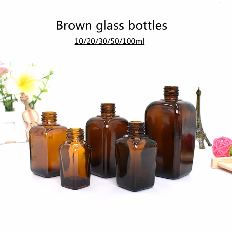 

10/20pcs 10/20/30/50/100ml Square Glass Bottle Perfume Essential Oil Bottle Brown Attar oil /Hydrolat/ Toner Bottle With Stopper