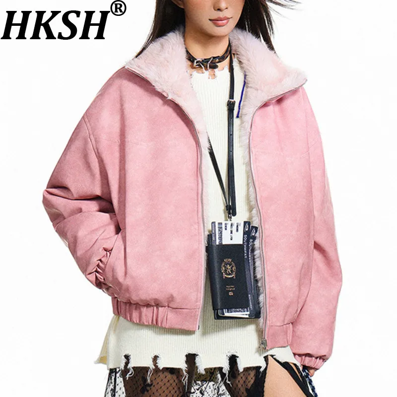 

HKSH 2025 Winter New Women's Reversible Warm Jacket Stand Collar Zipper Versatile American Streetwear Y2K Thickened Coat HK14711