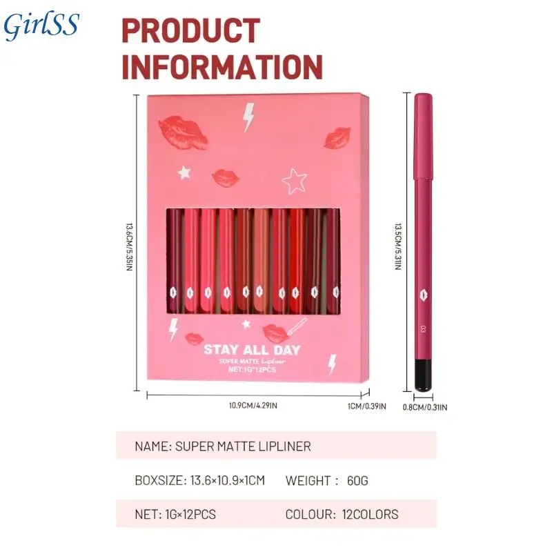 Conjunto lápiz labial 12 piezas con lápiz labial largo duradero.