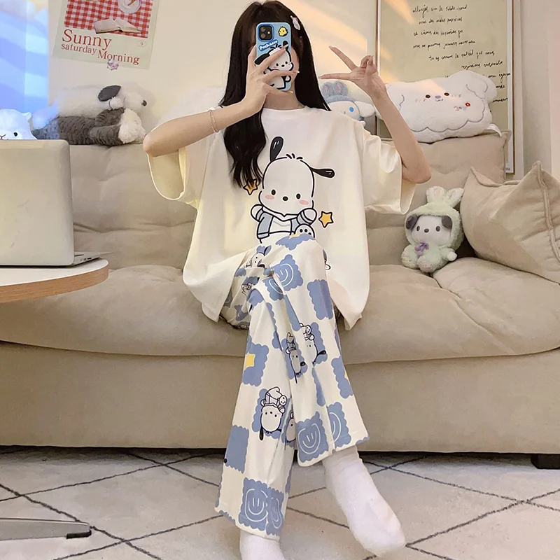 Sanrio Kawaii Pochacco Pajamas Set Stitch Cute Cartoon Student Soft Cotton Loungewear Home Wear Birthday Gift Girls Toys