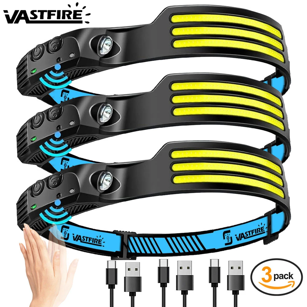 1~5Pack Headlamp USB Rechargeable LED Sensor Flashlight XPE+COB Torch Camping Waterproof Headlight for Fishing Lantern