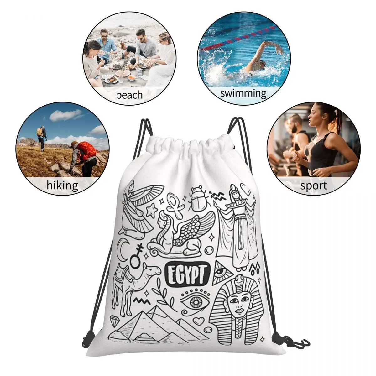 Egypt Icons Hand Drawn Backpacks Multi-function Portable Drawstring Bundle Pocket Sports Bag Book Bags For Man Woman School