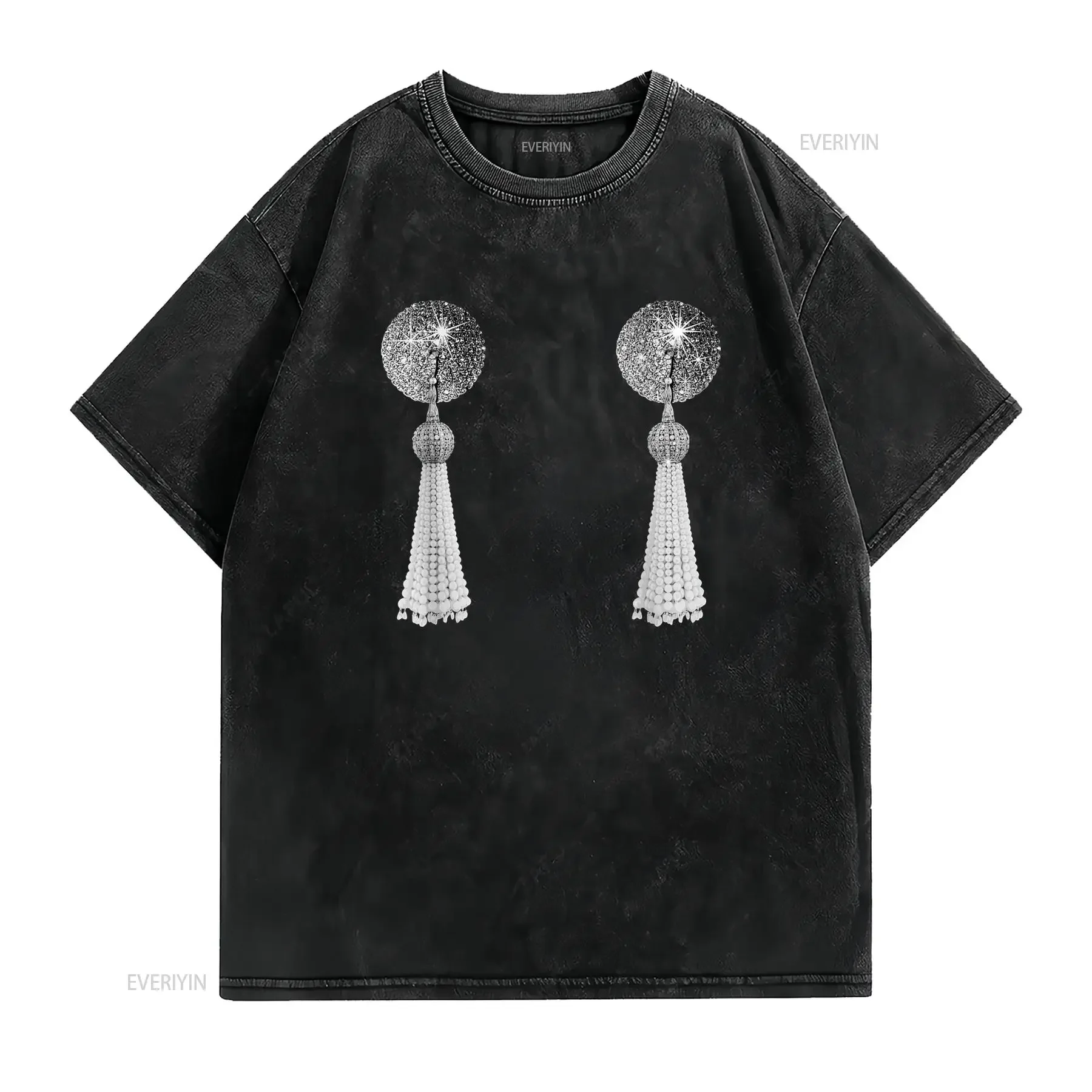 Vintage Burlesque Dancer Tassel T Shirt Sparkling Cabaret Costume Top with Female Dance Print Comfort Fit Crew Neck Retro