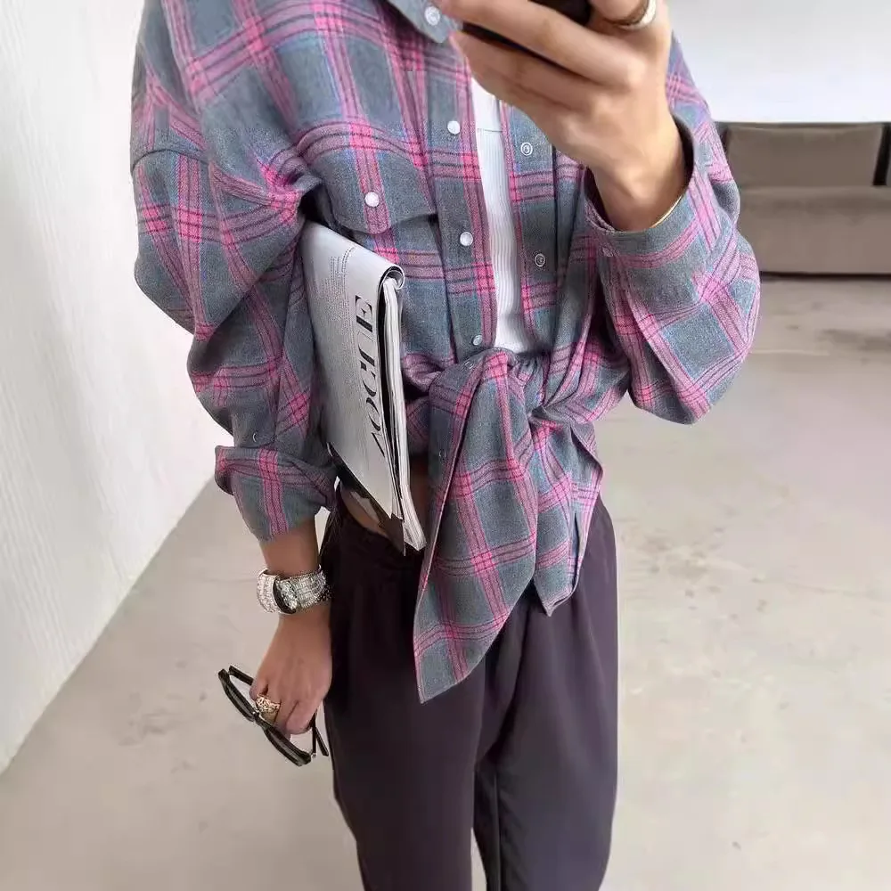 Plaid Frauen Shirts Langarm Bluse Drehen Unten Kragen Hemd Strickjacke Einreiher Blusen Casual Lose Fit Gespleißt 2025,