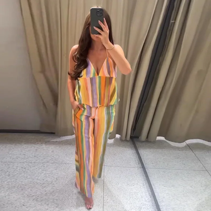 Gestreifte V-Ausschnitt Rückenfreie Crop-Tops und Hosen-Sets für Damen, Sexy Ärmelloses Schnür-Top, Midi-Taille, Weite Hosen, Schicke Damen-Outfits – Detail 8