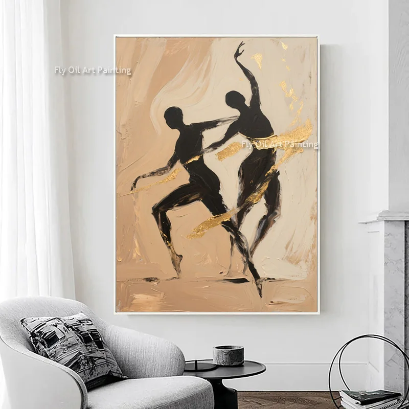 Beige And Gold Foil Abstract Canvas Thick Oil Painting Handmade Black Couple Dacing Wall Art New Design Artwork For Room Decor