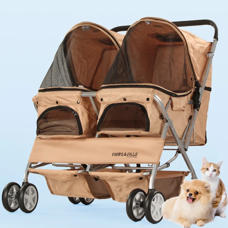 Poussette portable double couche pour animaux de compagnie, poignées Electrolux pliables, poussette légère amovible pour chat et chien, 4 roues, nouveau style