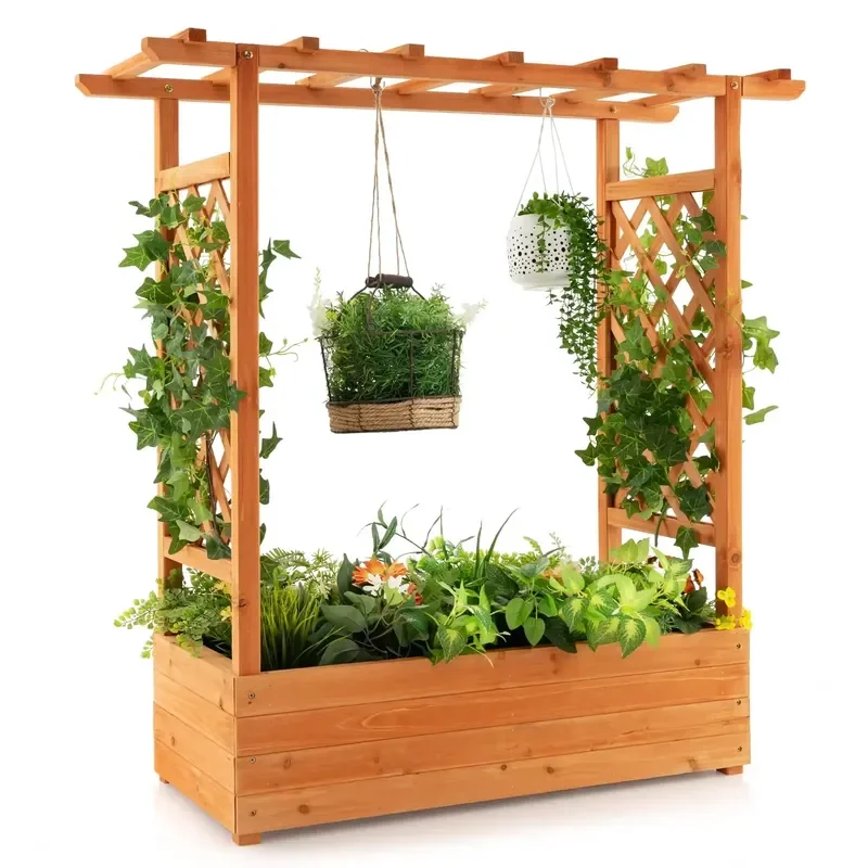 for Raised Garden Bed Arch Trellis Wood Planter Container with Hanging Roof 4 Drainage Holes Indoor Outdoor Above Ground