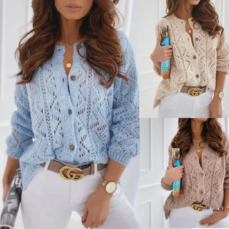Casual Knitted Cardigan Solid Color O-neck Button Long-sleeved Hollow Sweater Jacket Autumn Fashion Commuter Women's Clothing