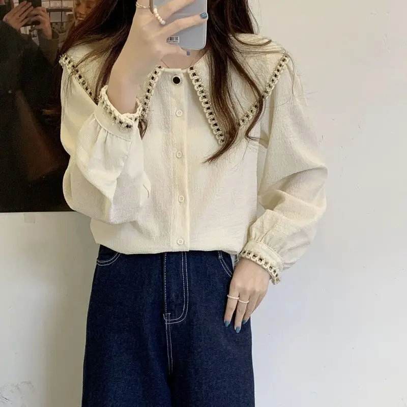 

Women Clothes Office Lady Simplicity Elegant Trend Buttons Single Breasted Solid Color Doll Collar Long Sleeve Intellectual Gene
