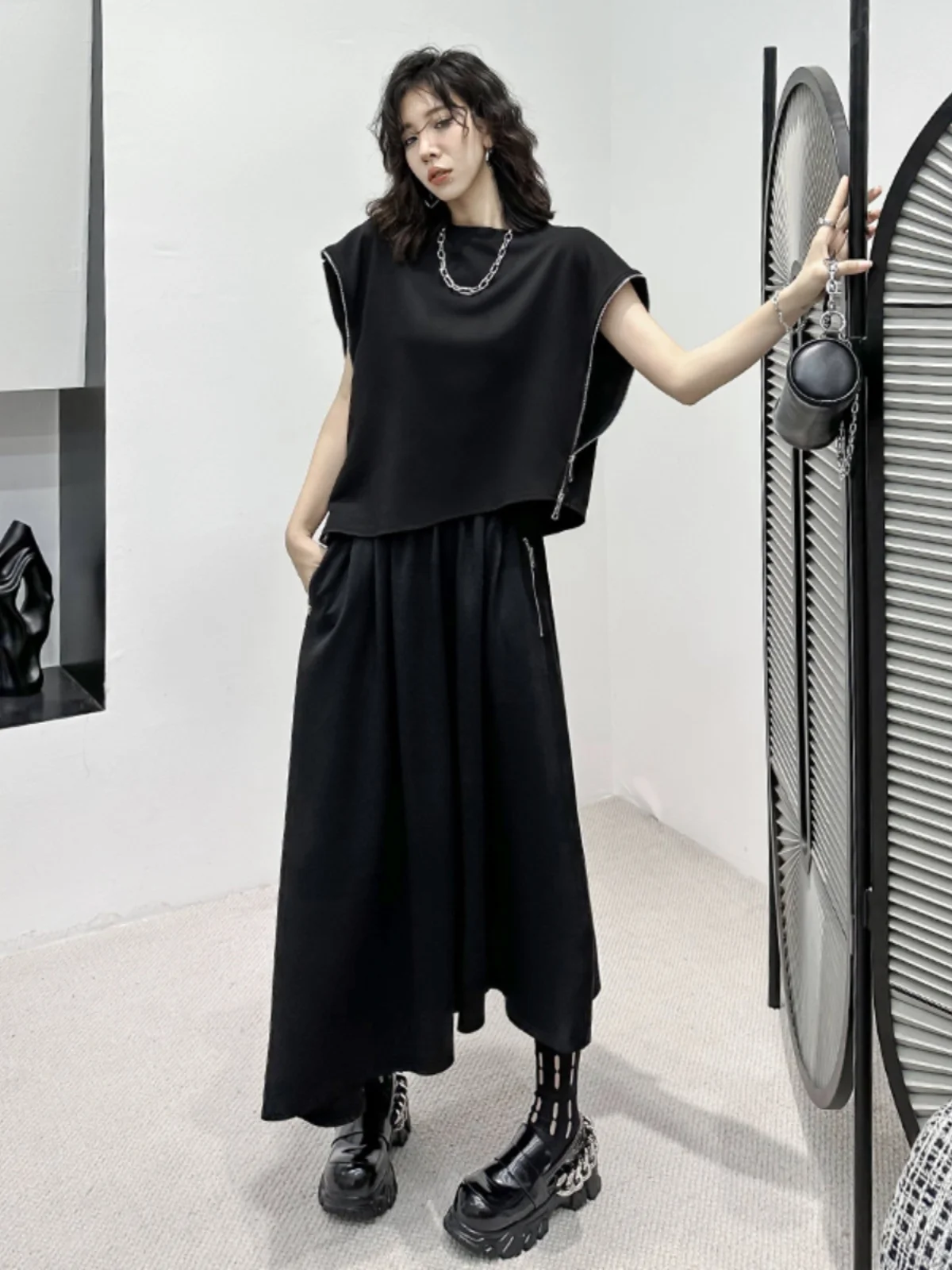 

Fashionable Zipper Loose Women's Set Summer Casual Slimming Hong Kong Style Versatile Top Skirt Cotton Short Sleeve round Neck