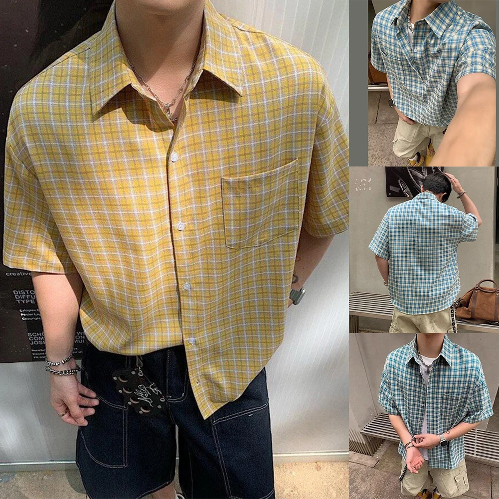 Men's Plaid Vintage Lapel Casual Short Sleeved Shirts Streetwear Korean Loose Tops Daily Retro Blouse