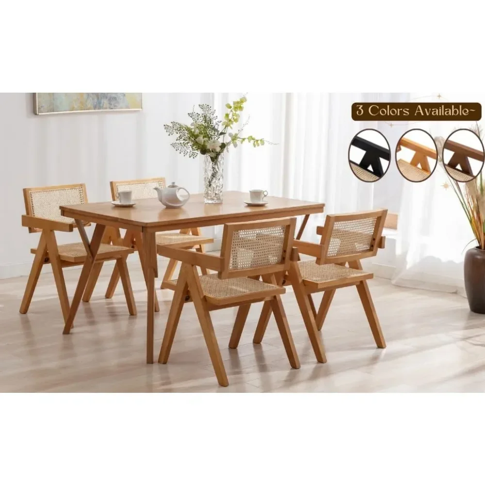 Rattan Dining Chairs, Modern Mid Century Wicker Armchair Comfy Side Chair Solid Wood Boho Kitchen Chairs