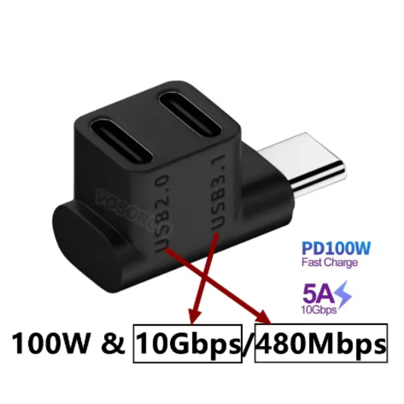 100 W USB 3.2 Typ C Stecker auf Buchse 1 auf 2 Adapter OTG 10 Gbit/s Schnelle Daten 4K Tablet USB-C Ladekonverter 180 Grad U-förmig