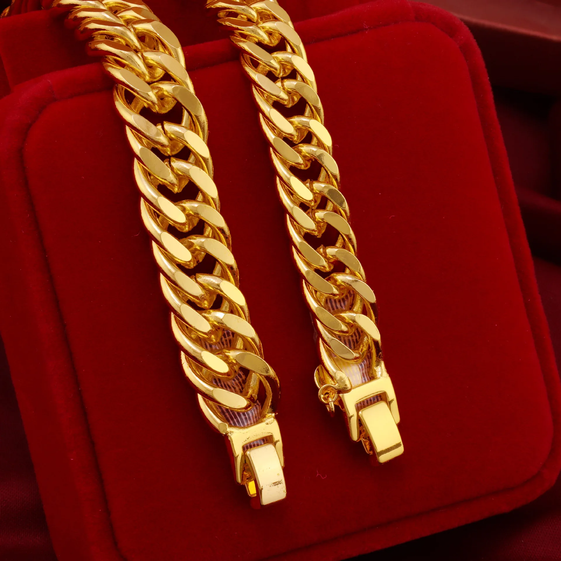 

Luxury 24K 9999 Pure Gold real gold Men's Boss Chain Cuban Chain Glow Bracelet 12mm Watch Buckle Bracelet