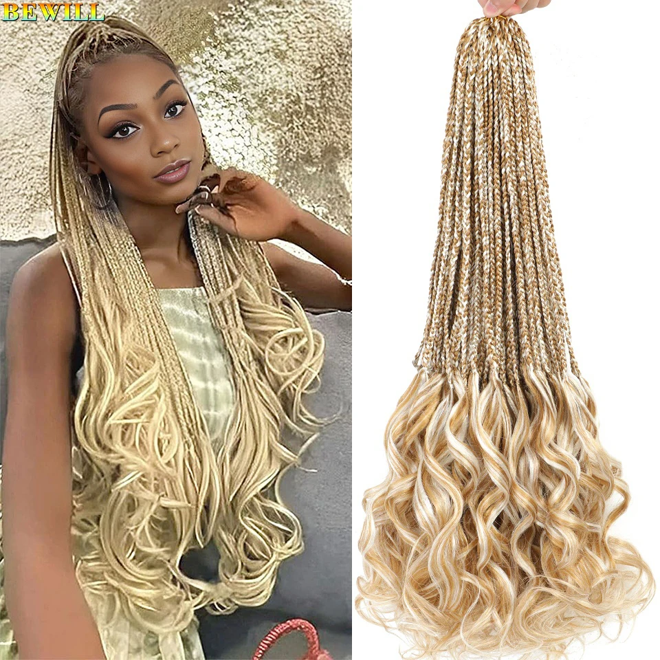 18” 24” Crochet Box Braids Hair with French Curl Ends Blonde P27/613 Bug Ginger Synthetic Pre Looped French Curls Braiding Hair