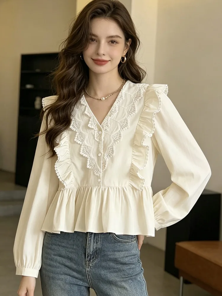 

Spring V-neck Long Sleeve Solid Color Blouses Elegant Ruffles Blouse Casual Button Shirts Korean Style Sweet Lace Crop Tops
