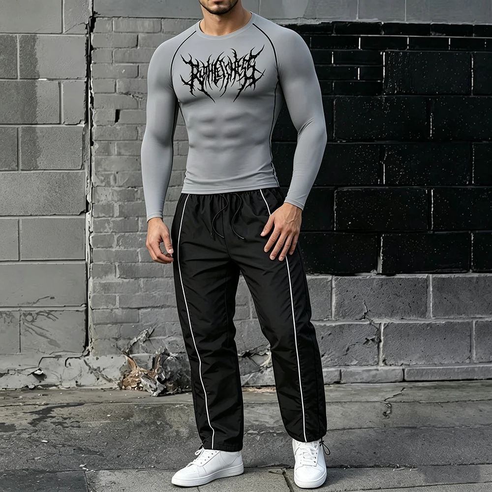 

Men Workout 2-Piece Compression Long Sleeve Training Top Side Striped Trousers Outfit Spiky Thorn Font Print for Gym Daily Set