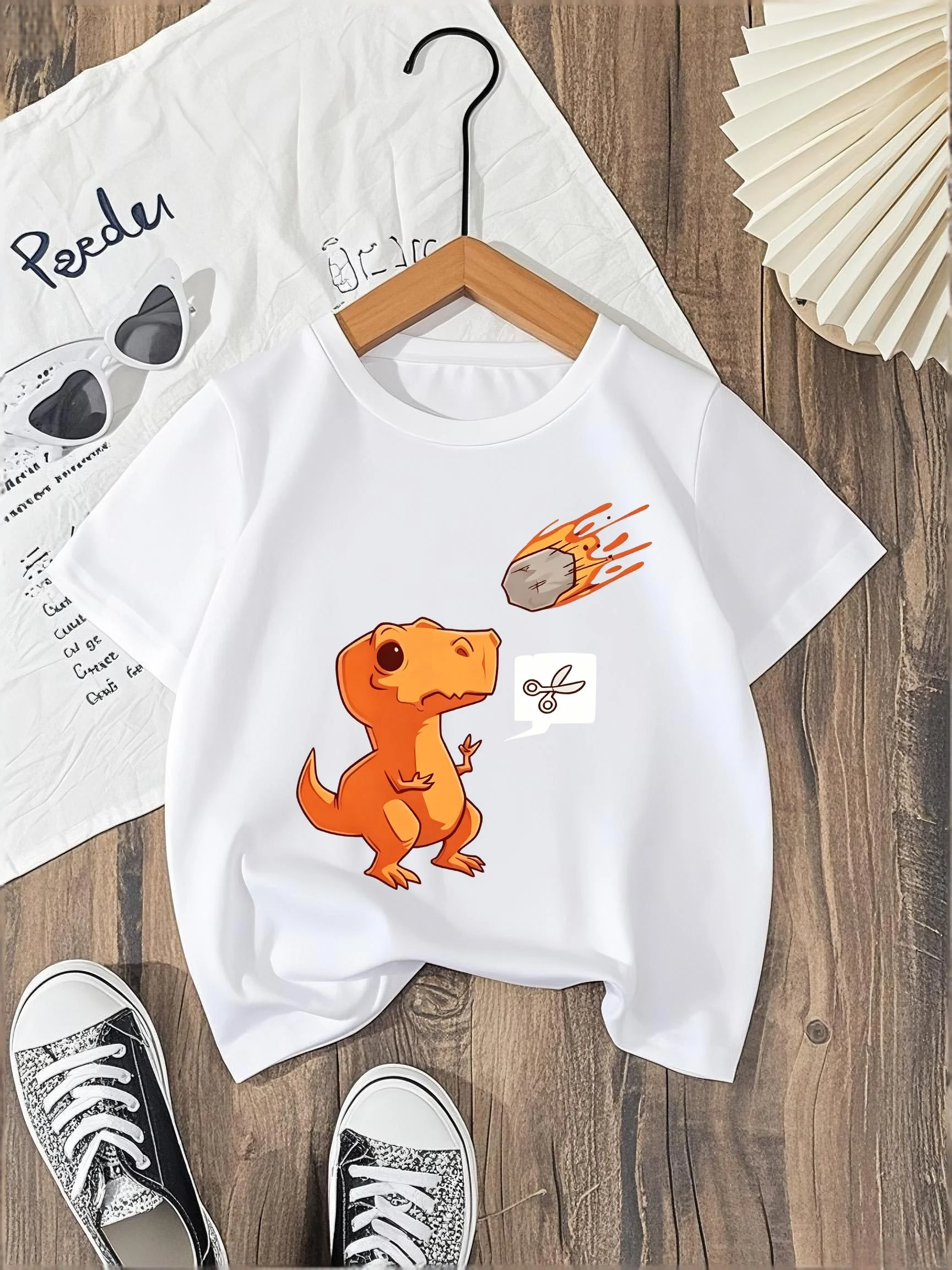 Cute Orange T Rex Dinosaur And Meteor Print T Shirt Boys Girls Funny Dino Short Sleeve Tee Family Matching Kids Cotton Tops